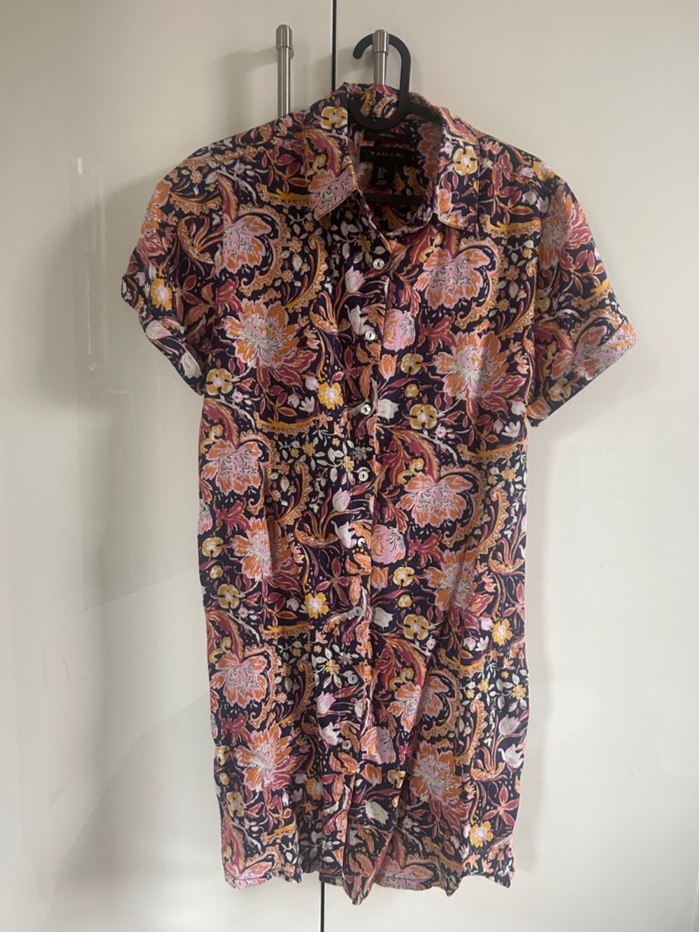 Tahiti Short-Sleeve Floral Print Button-Up Shirt dress -100% linen